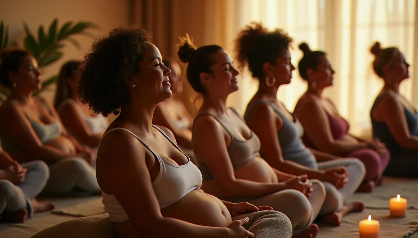 Groupe de femmes aux morphologies variées pratiquant le yoga restauratif avec bolsters dans un studio chaleureux, illustrant un yoga accessible et sans dégât pour tous les corps
