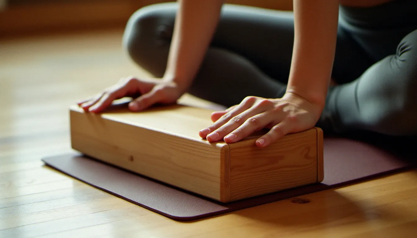 Mains d'une pratiquante de yoga s'appuyant sur un bloc en bois pendant une posture du triangle adaptée, illustration de l'utilisation des accessoires pour pratiquer sans se blesser