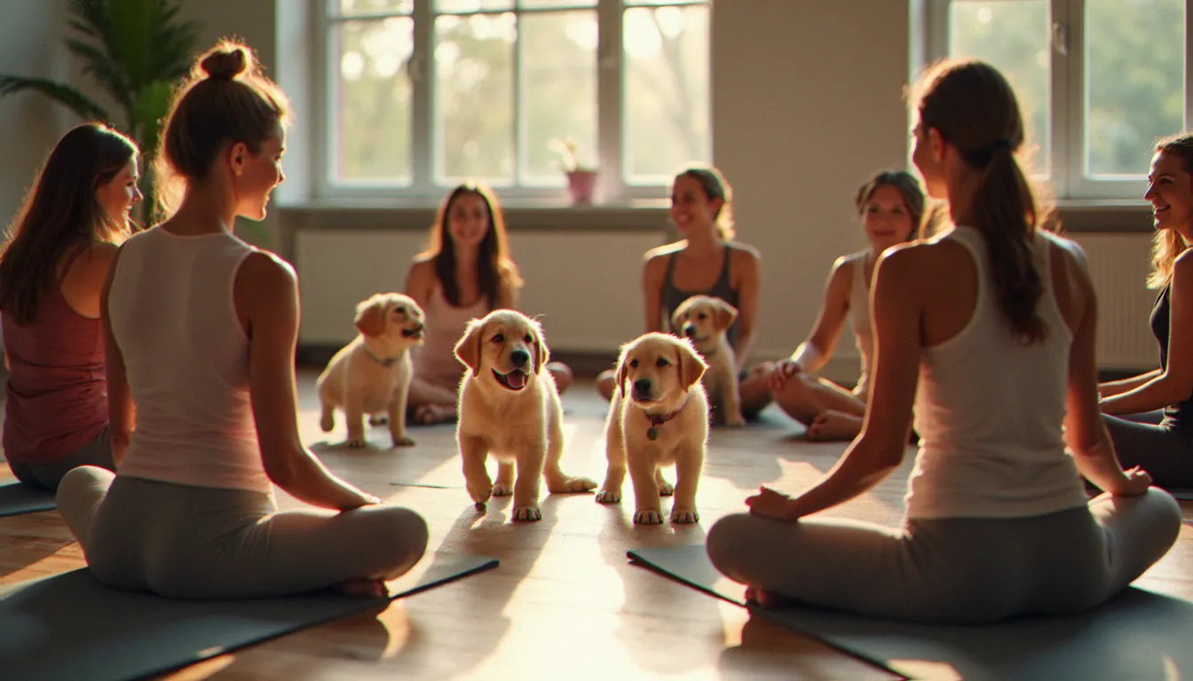 Groupe de pratiquants souriants assis sur des tapis de yoga avec des chiots golden retriever lors d'une session de puppy yoga dans un studio chaleureux