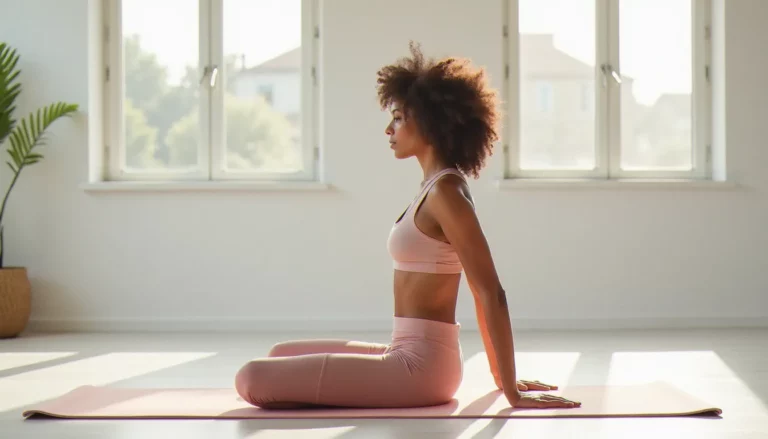 Femme pratiquant le yoga sans dégâts en flexion avant assise avec un alignement parfait, dans un studio lumineux aux murs blancs