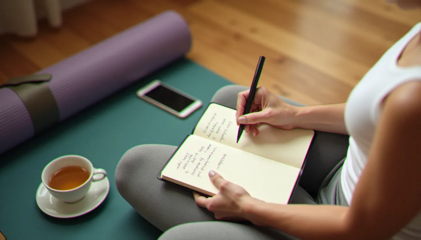 Mains féminines notant une séquence de yoga dans un carnet posé à côté d'un tapis roulé, préparation d'une séance sans écran