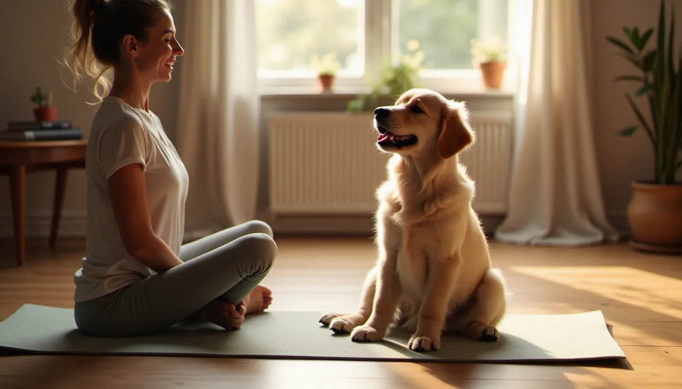 Chiot golden retriever assis sur un tapis de yoga pendant une séance de puppyny yoga sans écran, femme en posture de l'enfant souriant au chiot