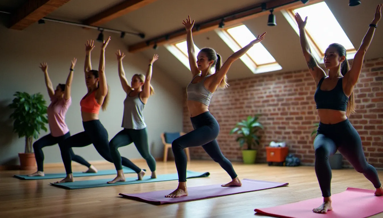 Cours collectif de yoga Vinyasa dynamique sans méditation avec plusieurs participants en salutation au soleil dans un studio moderne