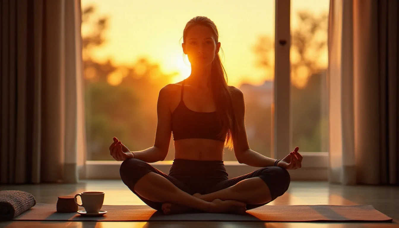 Femme détendue en tenue de yoga assise près d'une fenêtre au coucher du soleil, pratique de yoga sans méditation formelle dans une ambiance chaleureuse