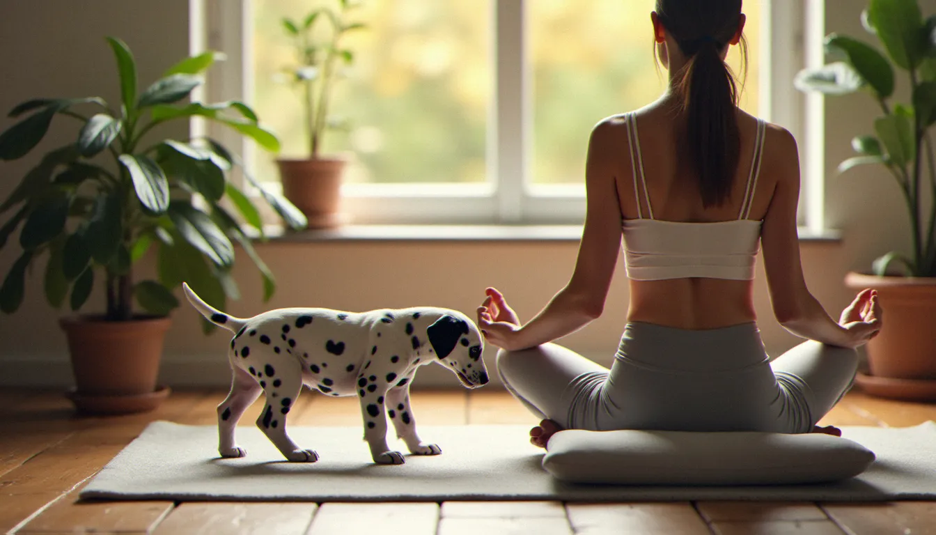 Mains posées sur les genoux lors d'un exercice de pranayama yoga sans posture, avec un chiot dalmatien curieux au premier plan