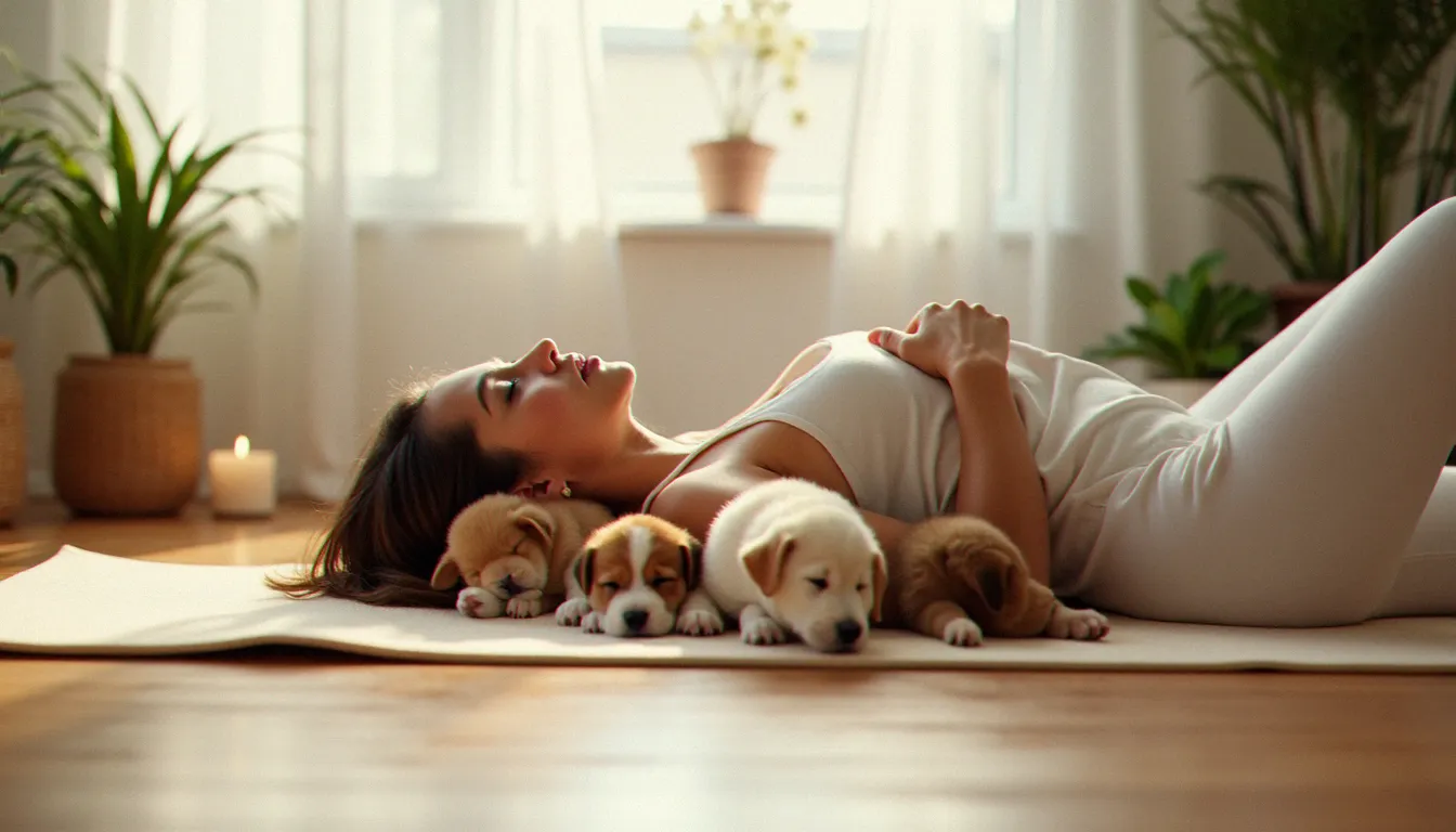 Femme allongée en yoga nidra pendant une séance de yoga sans posture, entourée de chiots endormis dans un studio chaleureux et lumineux