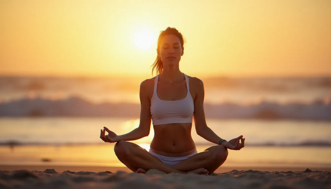 Femme en méditation assise sur le sable de la plage au coucher du soleil, pratique de yoga sans tapis en extérieur