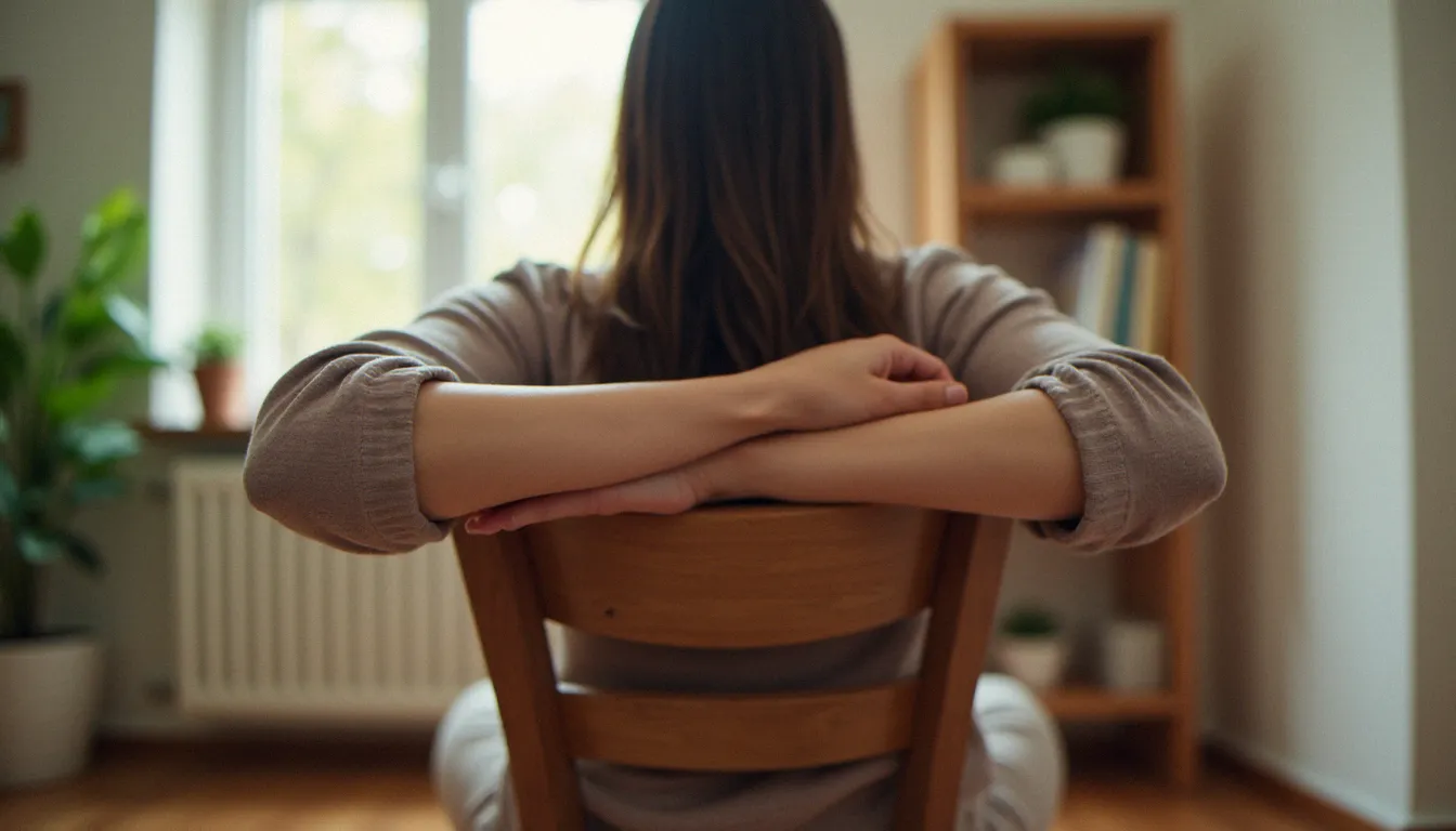 Femme en posture aigle des bras assise sur une chaise, exercice de yoga sur chaise pour les épaules