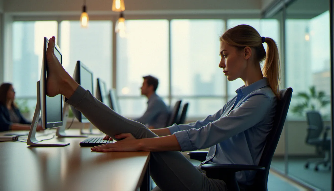 Femme faisant du yoga sur chaise à son bureau en position de torsion, routine bien-être au travail