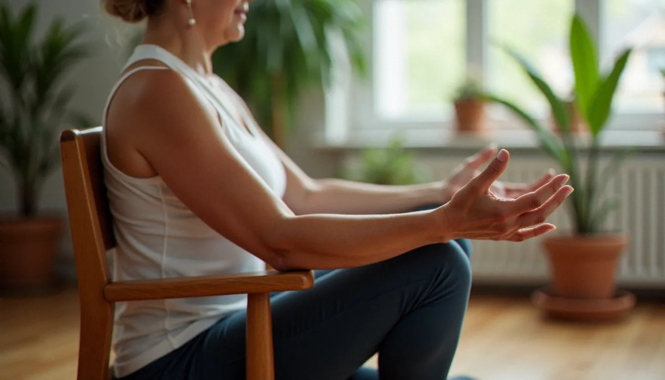 Femme âgée pratiquant une flexion avant douce en yoga sur chaise dans un studio de yoga lumineux avec des plantes en arrière-plan