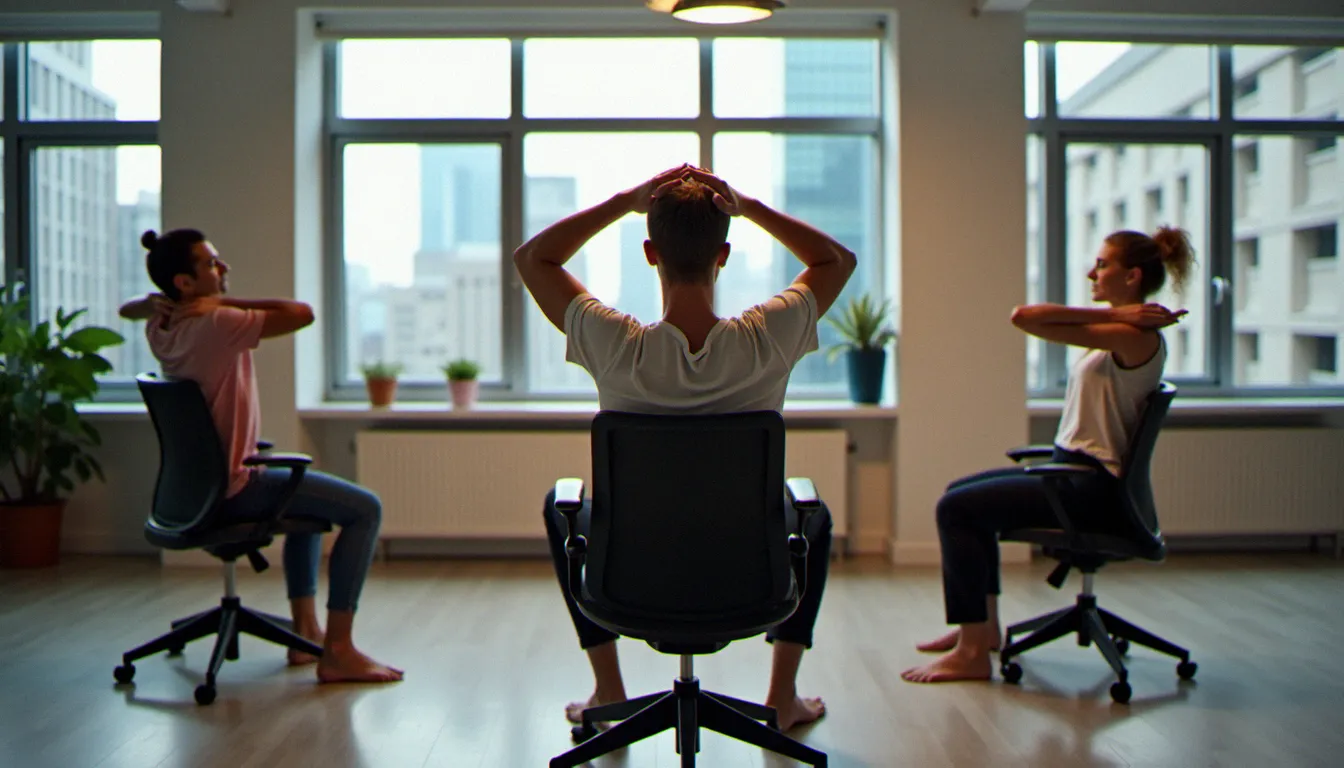 Groupe de collègues pratiquant le yoga sur chaise au bureau pendant une pause bien-être, réalisant des étirements doux des épaules et de la nuque