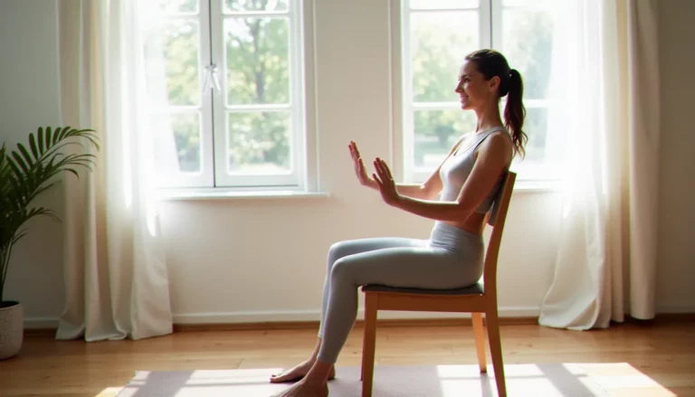 Femme pratiquant le yoga sur chaise dans un appartement lumineux à Bordeaux, réalisant une torsion assise douce — illustration de la pratique du yoga sur chaise efficace ou pas