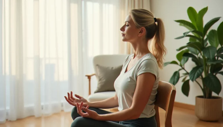 Femme pratiquant le yoga sur chaise en torsion assise dans un salon lumineux