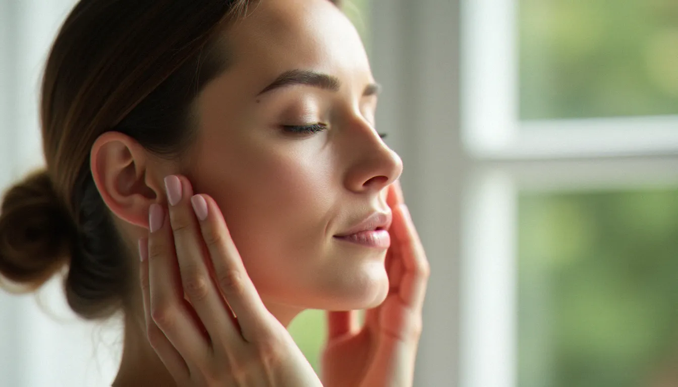Gros plan d'une femme effectuant un massage drainant de la mâchoire, exercice de yoga du visage pour la tonicité musculaire