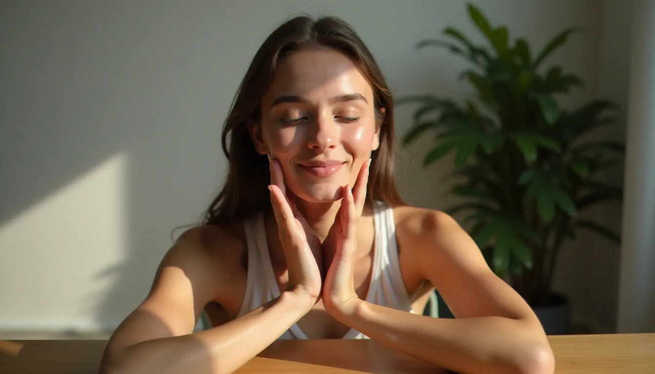 Femme en posture de relaxation faciale, paumes posées sur le visage, clôturant une séance de yoga visage efficace dans une ambiance apaisante