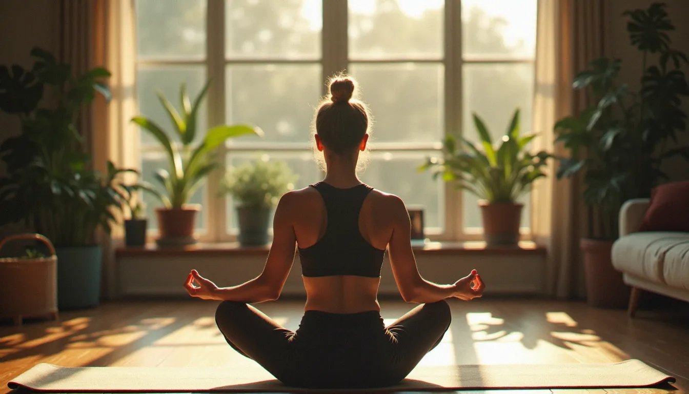 Une personne pratiquant le yoga en ligne depuis son salon face à un ordinateur portable, représentant le format digital des cours Yoga and Being à domicile