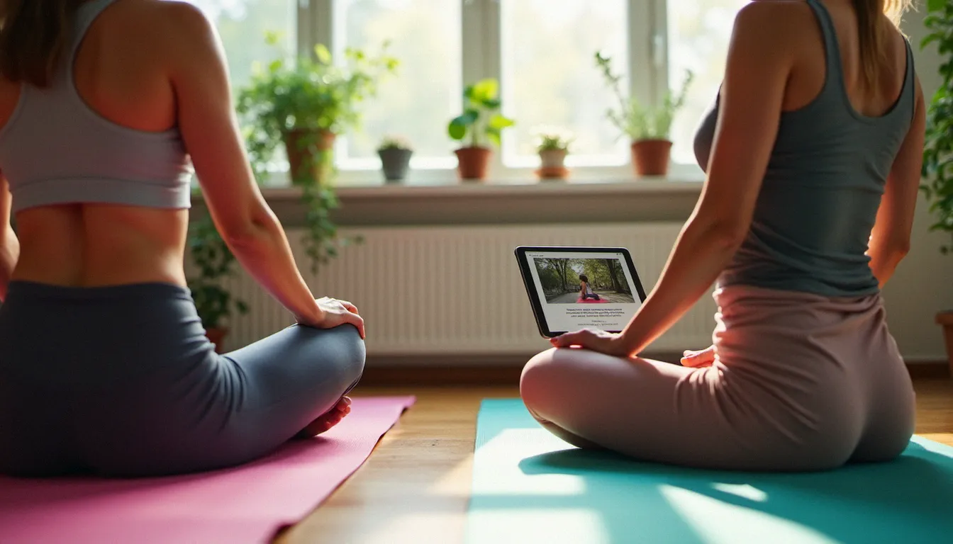 Deux femmes pratiquant ensemble le yoga à domicile en suivant un cours en ligne français sur tablette, en posture de l'enfant