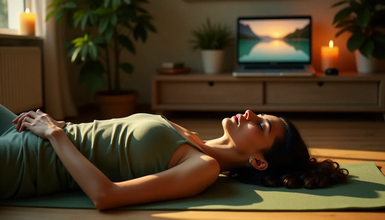 Femme allongée en savasana sur tapis de yoga vert dans une pièce apaisante, pratiquant le yoga nidra guidé depuis une chaîne YouTube française
