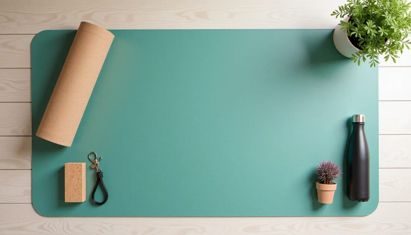 Vue de dessus du matériel essentiel pour débuter le yoga : tapis, briques, sangle et gourde disposés sur un parquet clair