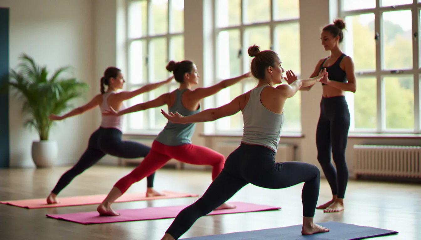 Groupe de débutantes en yoga réalisant la posture du Guerrier II dans un studio lumineux sous la supervision d'une professeure