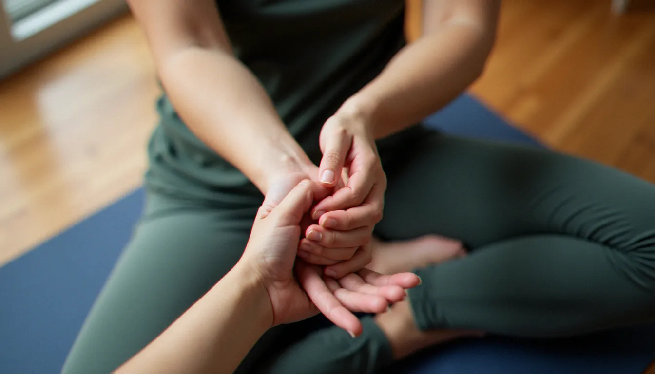 Gros plan sur un poignet douloureux lors d'une séance de yoga, illustrant les blessures fréquentes liées aux effets négatifs du yoga
