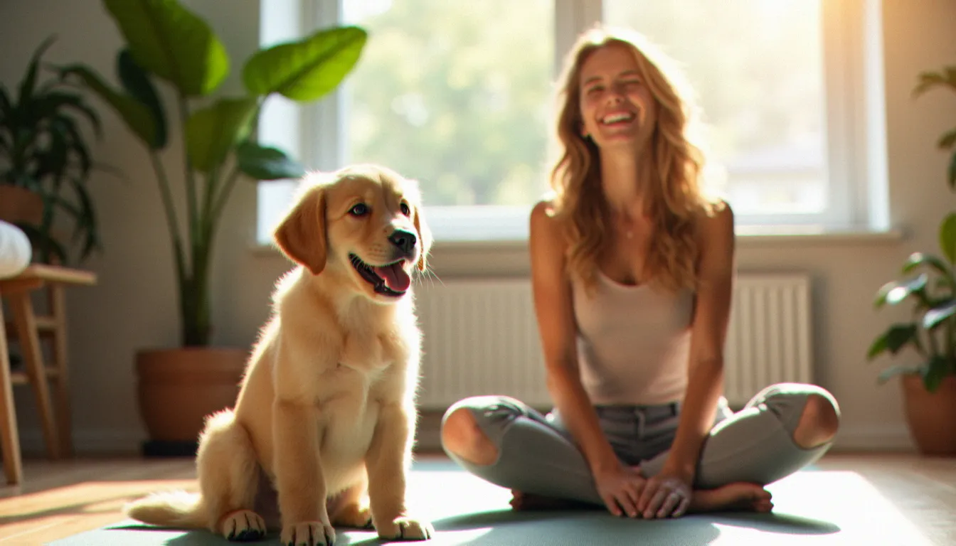 Chiot golden retriever assis sur un tapis de yoga à côté d'une femme en posture du chien tête en bas lors d'une séance de puppy yoga