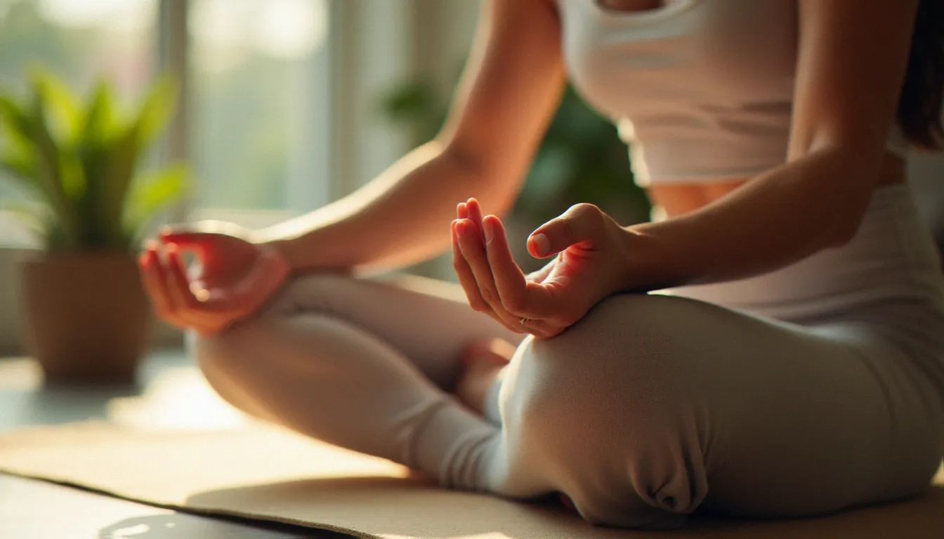 Gros plan sur les mains d'une pratiquante de yoga en position de repos, illustrant la détente musculaire et les effets positifs du yoga sur le corps