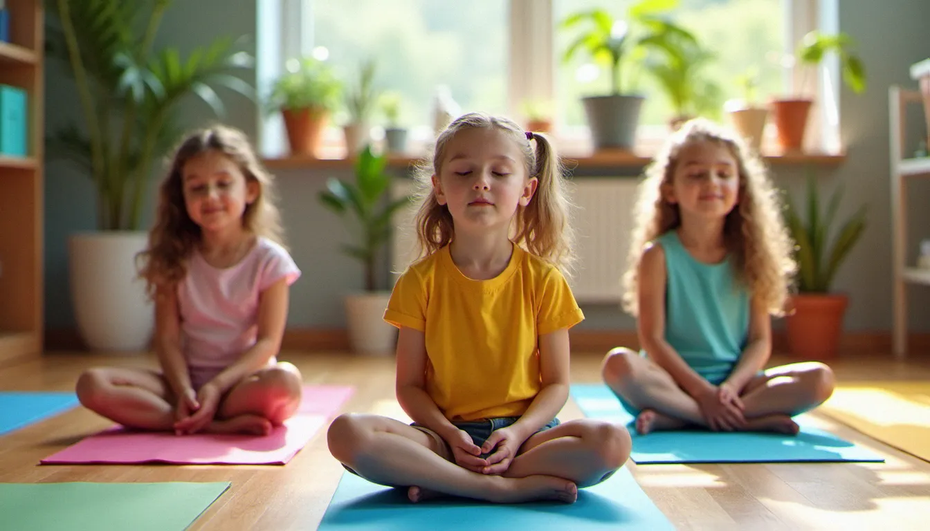 Groupe d'enfants de 6 à 9 ans en posture de méditation assise sur des tapis colorés lors d'une séance de yoga enfant
