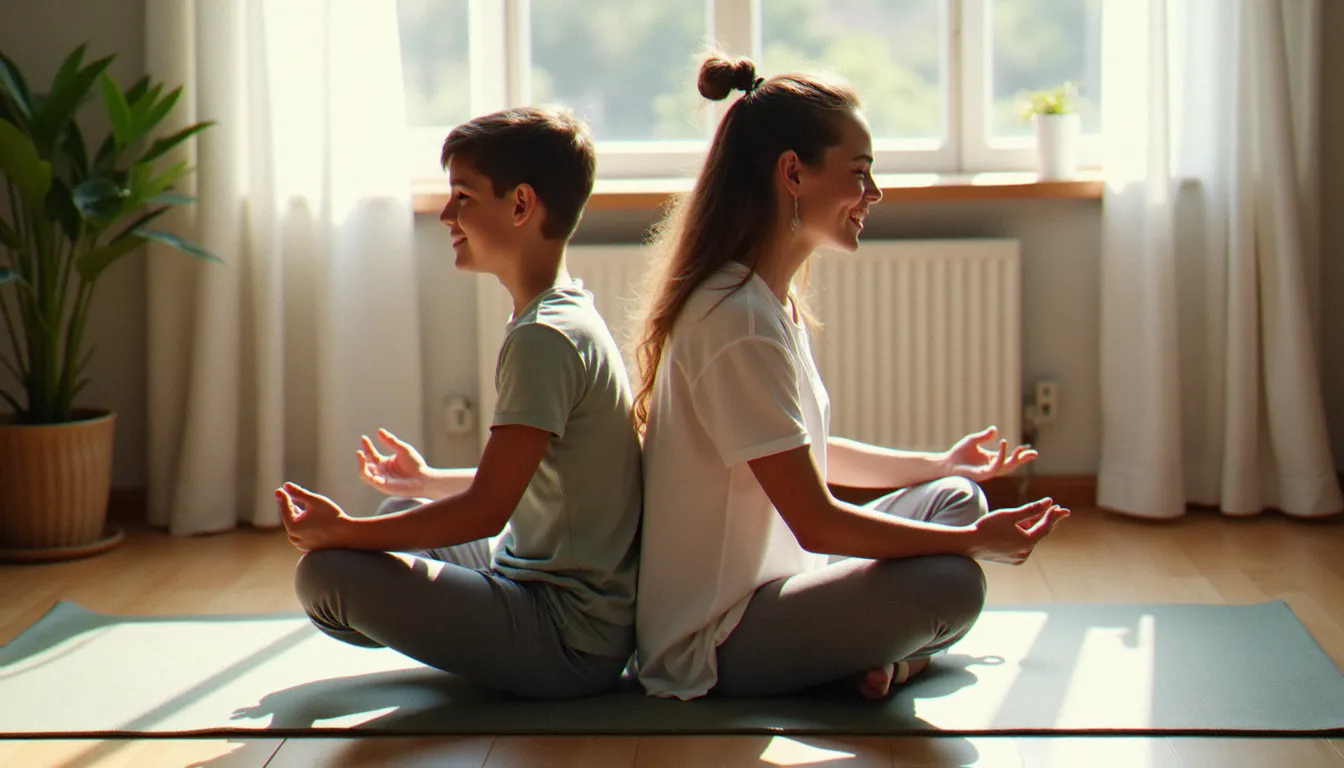 Mère et fils de 7 ans pratiquant le yoga en famille dos à dos en posture du bateau, moment de complicité et de rires sur un tapis de yoga