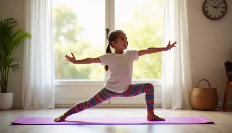 Petite fille de 5 ans en posture du guerrier sur un tapis de yoga violet, pratique du yoga enfant dans un salon lumineux