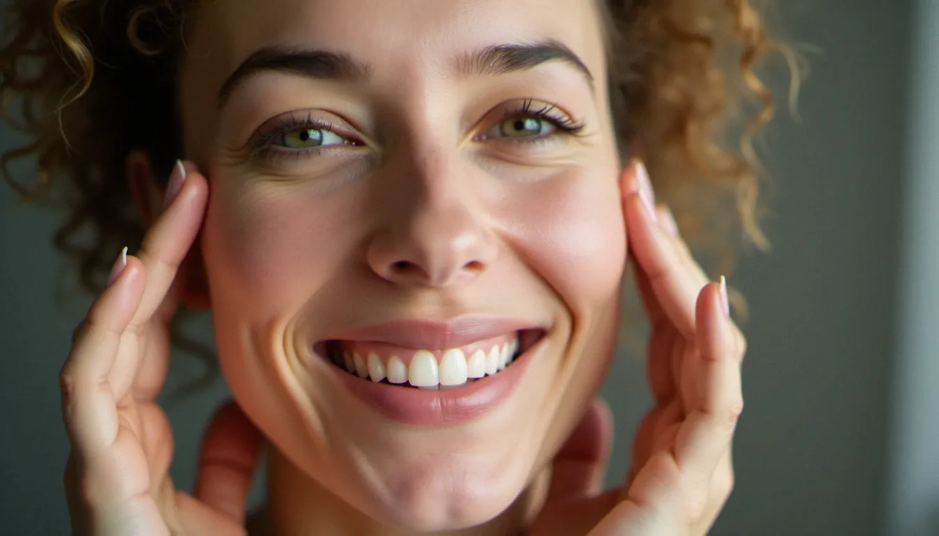 Gros plan sur un exercice de yoga facial avec résistance des doigts sur les pommettes pour tonifier les joues