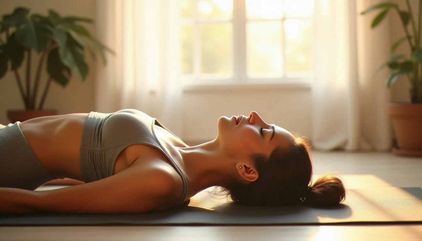 Femme allongée sur un tapis de yoga effectuant un étirement cervical dans le cadre d'une routine de yoga facial et bien-être global