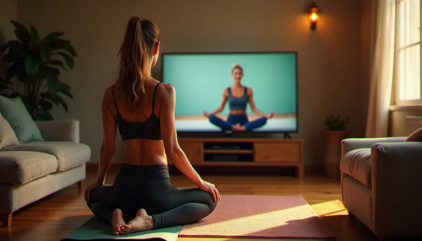 Femme pratiquant le yoga chez elle en suivant une émission de yoga à la télévision dans un salon confortable