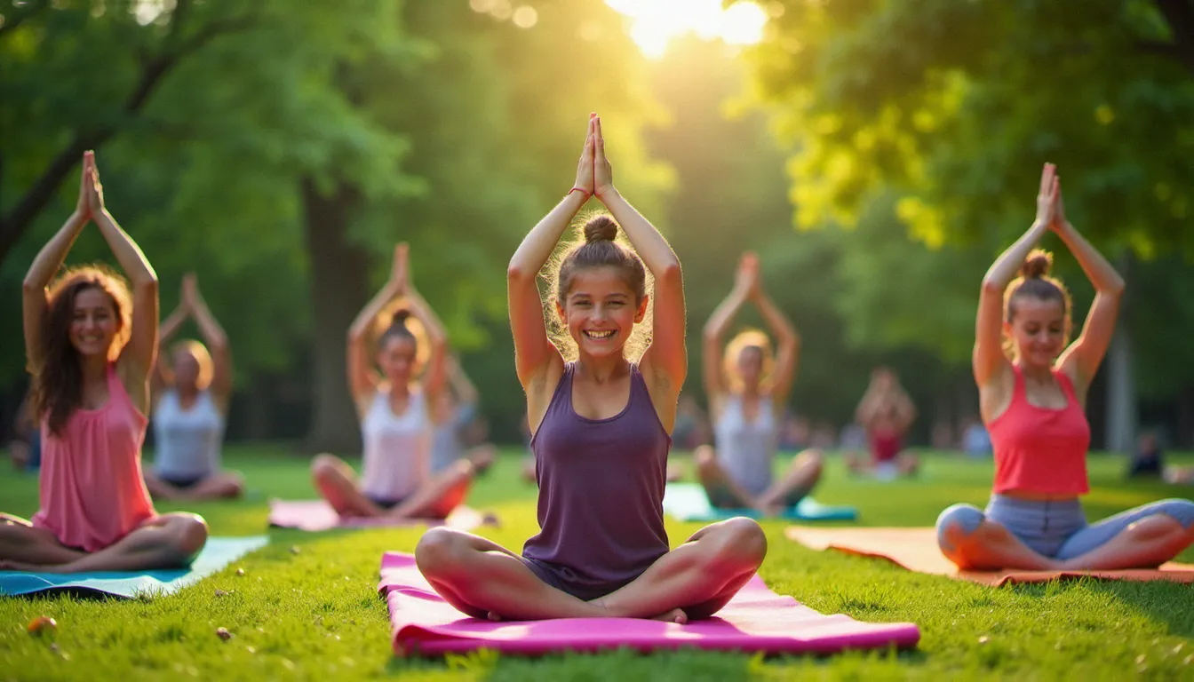 Séance de yoga en plein air dans un parc français en été avec un groupe varié de pratiquants sur des tapis colorés entourés d'arbres verts