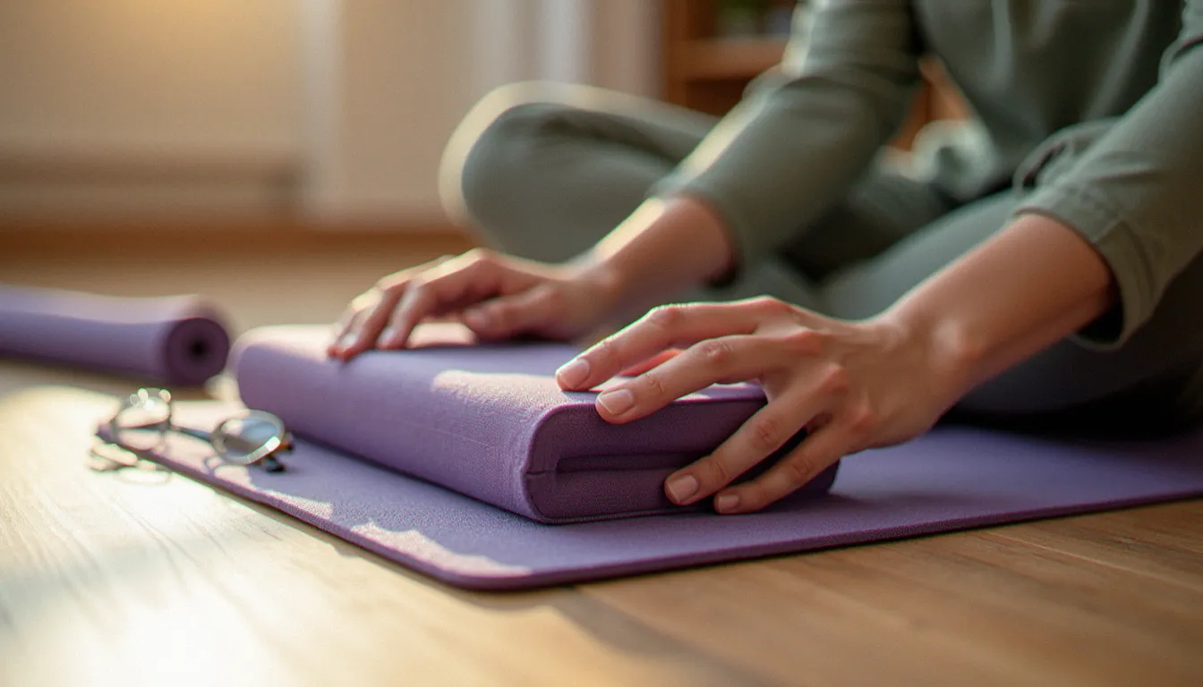 Mains posées sur une brique de yoga en tissu violet, accessoires de pratique déployés sur un sol en bois, éclairage naturel