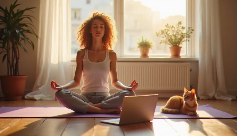 Une femme pratique un yoga guided video dans son salon baigné de lumière, assise en position du lotus sur un tapis lilas, un chat orange à ses côtés