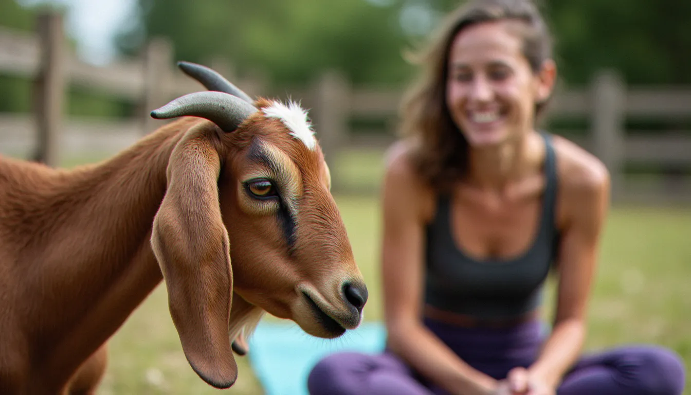 Chèvre curieuse approchant un tapis de yoga lors d'une séance en plein air