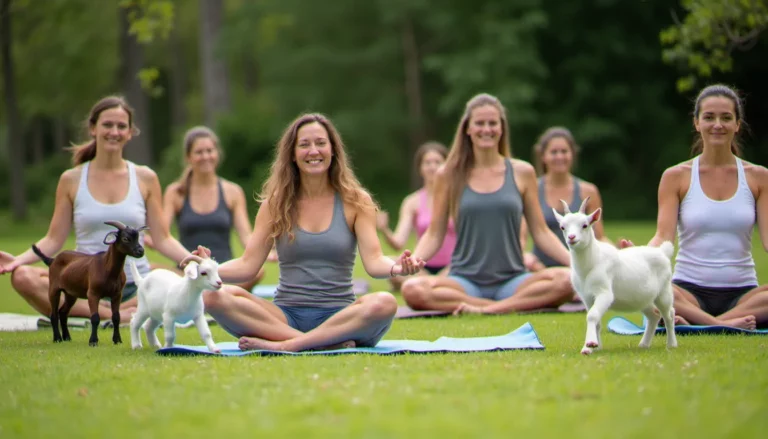 Femmes pratiquant le yoga avec chèvre en extérieur sur une pelouse verte