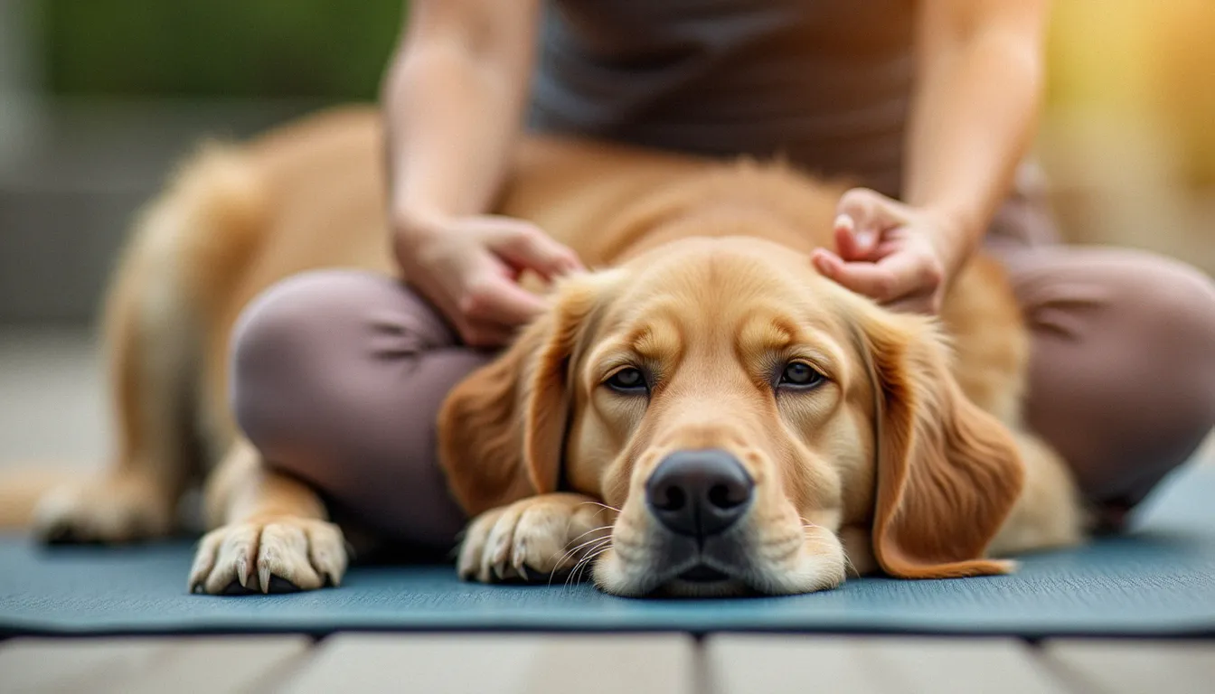 Chien doré reposant sur un tapis de yoga près d'une femme en pose de l'enfant