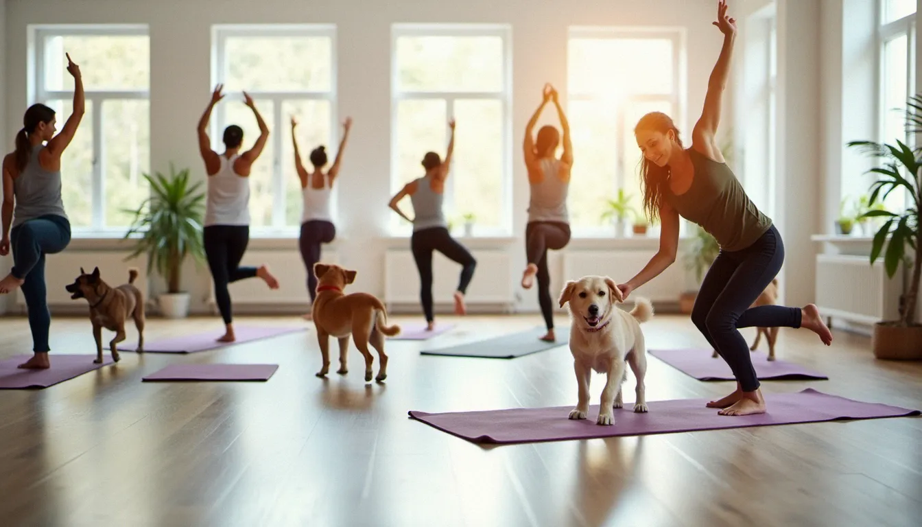 Groupe de femmes pratiquant le yoga avec chien dans un studio lumineux