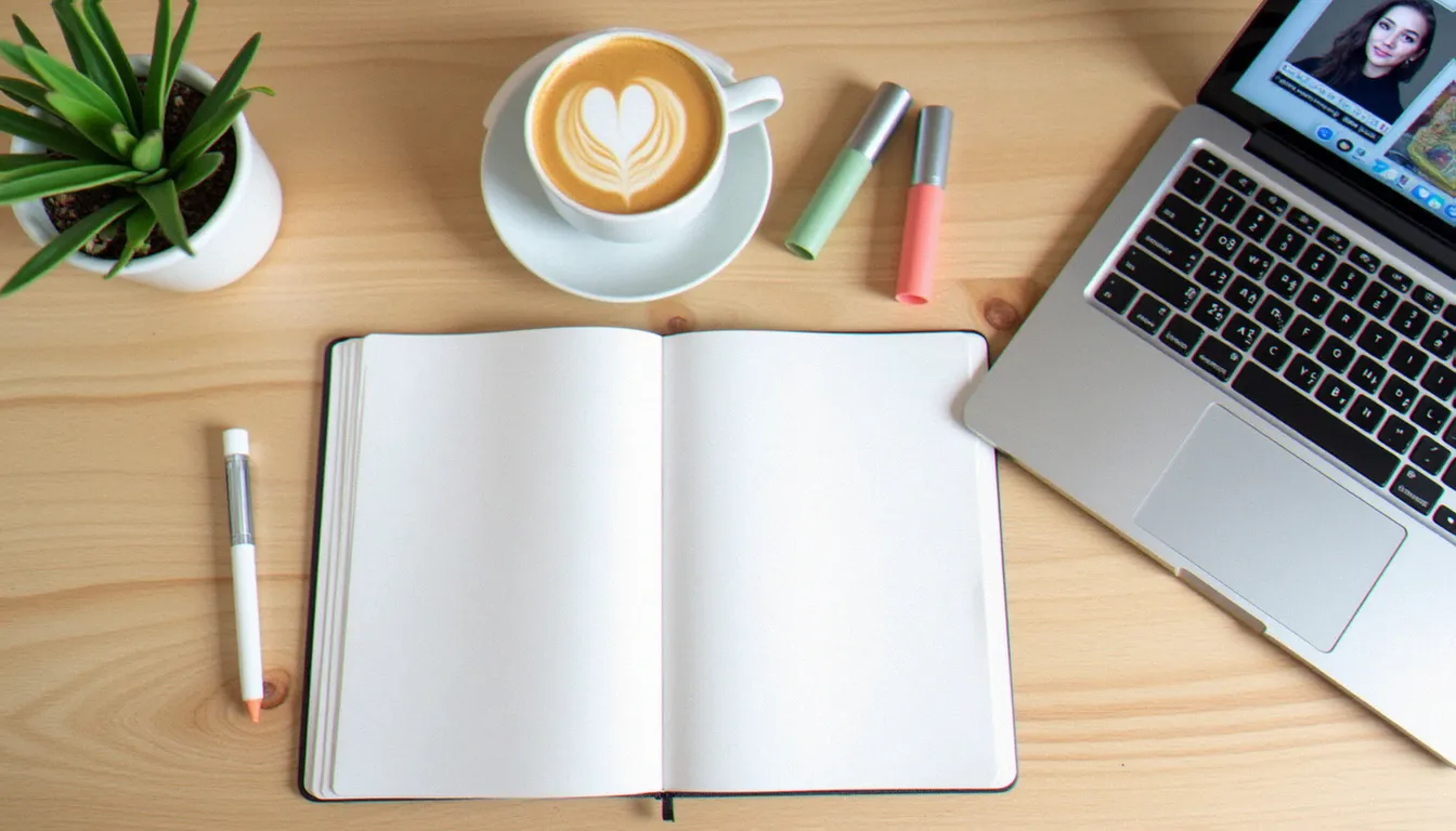 Vue de dessus d'un poste de travail avec un carnet manuscrit, un ordinateur en cours de rédaction d'une bio yoga et un latte, éclairage naturel d'après-midi