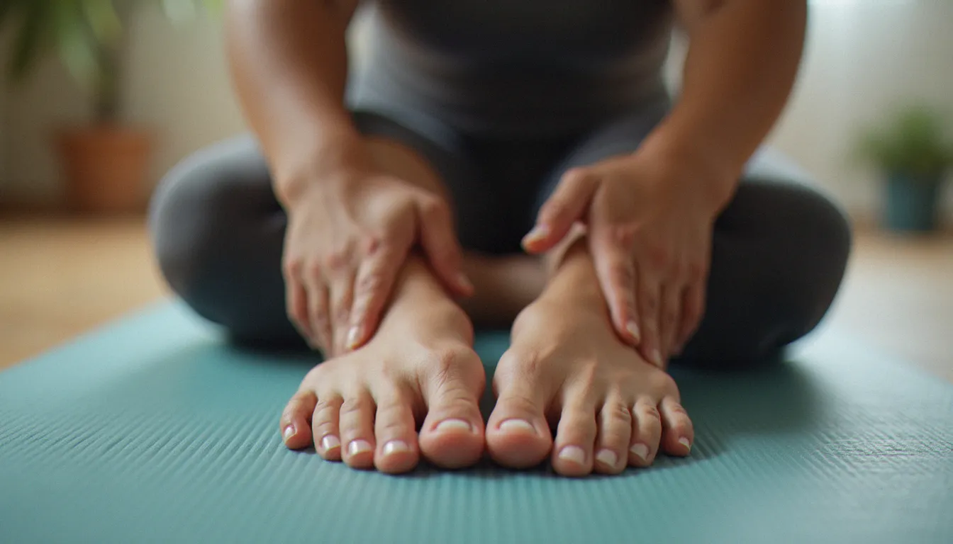 Détails des mains et pieds sur un tapis de yoga montrant l'alignement correct