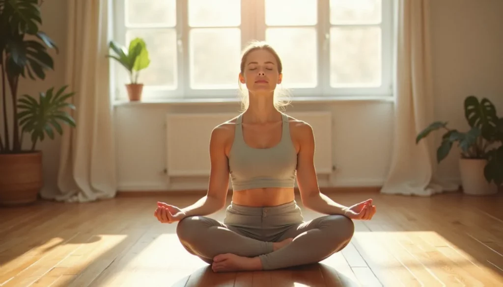 Femme pratiquant le yoga à la maison dans un salon lumineux