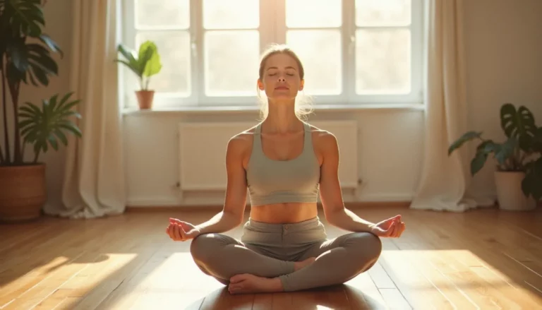 Femme pratiquant le yoga à la maison dans un salon lumineux