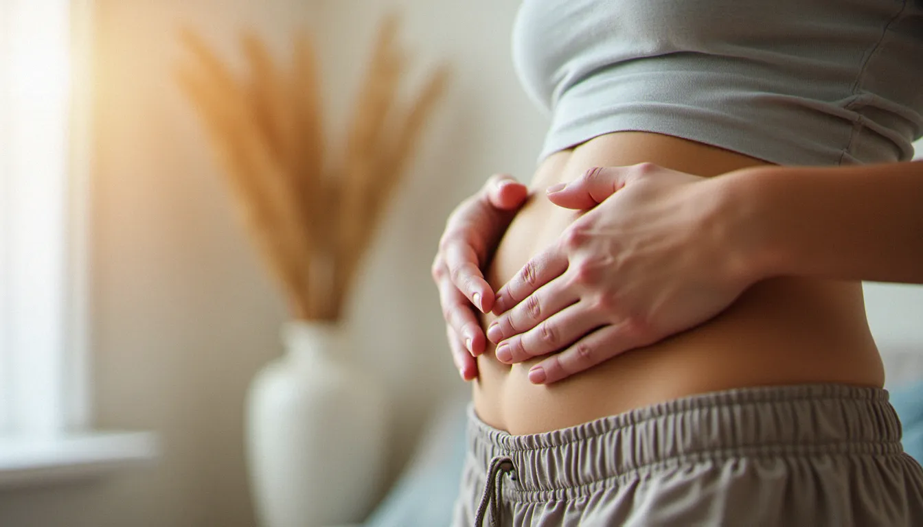 Gros plan sur les mains d'une femme posées sur son ventre pendant une respiration abdominale, lumière naturelle douce, décor minimaliste