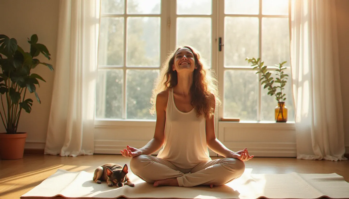 Femme en yoga assise en tailleur qui rit aux éclats avec un chihuahua endormi sur la natte, lumière du matin, illustration du yoga danger spirituel évité par une pratique légère