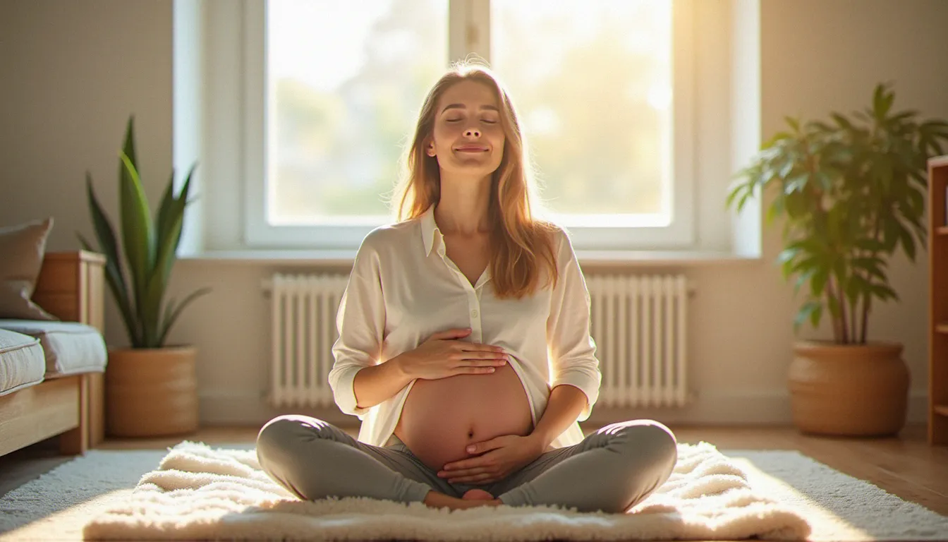 Femme assise en tailleur pratiquant la respiration abdominale dans un salon lumineux