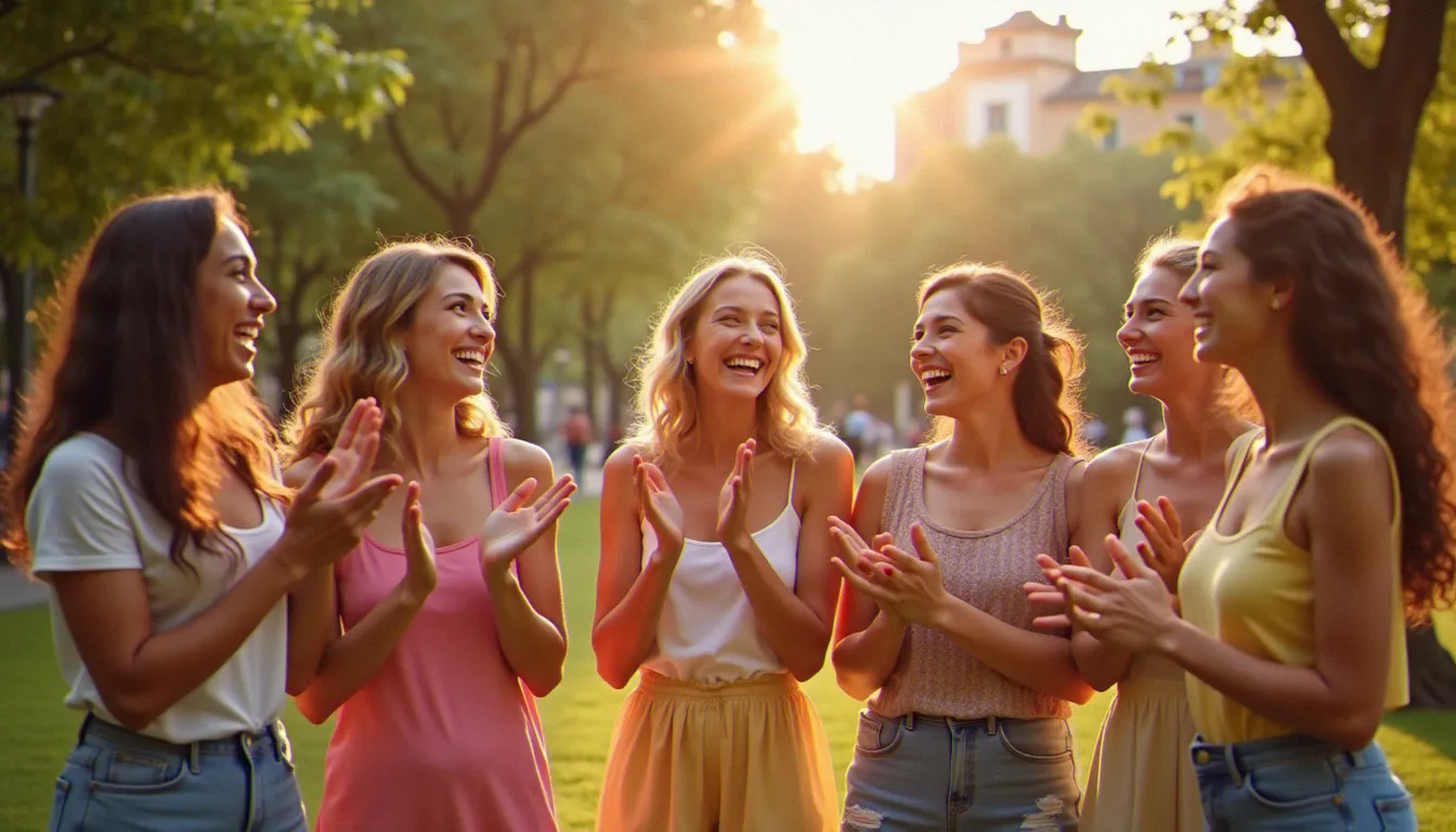 Groupe de jeunes femmes pratiquant le yoga du rire en riant ensemble dans un parc ensoleillé