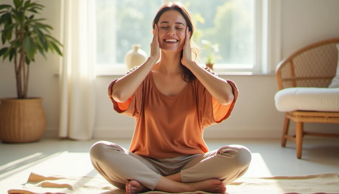 Femme assise en tailleur qui pratique un exercice de yoga du visage avec les mains sur les joues, souriant naturellement dans un intérieur lumineux