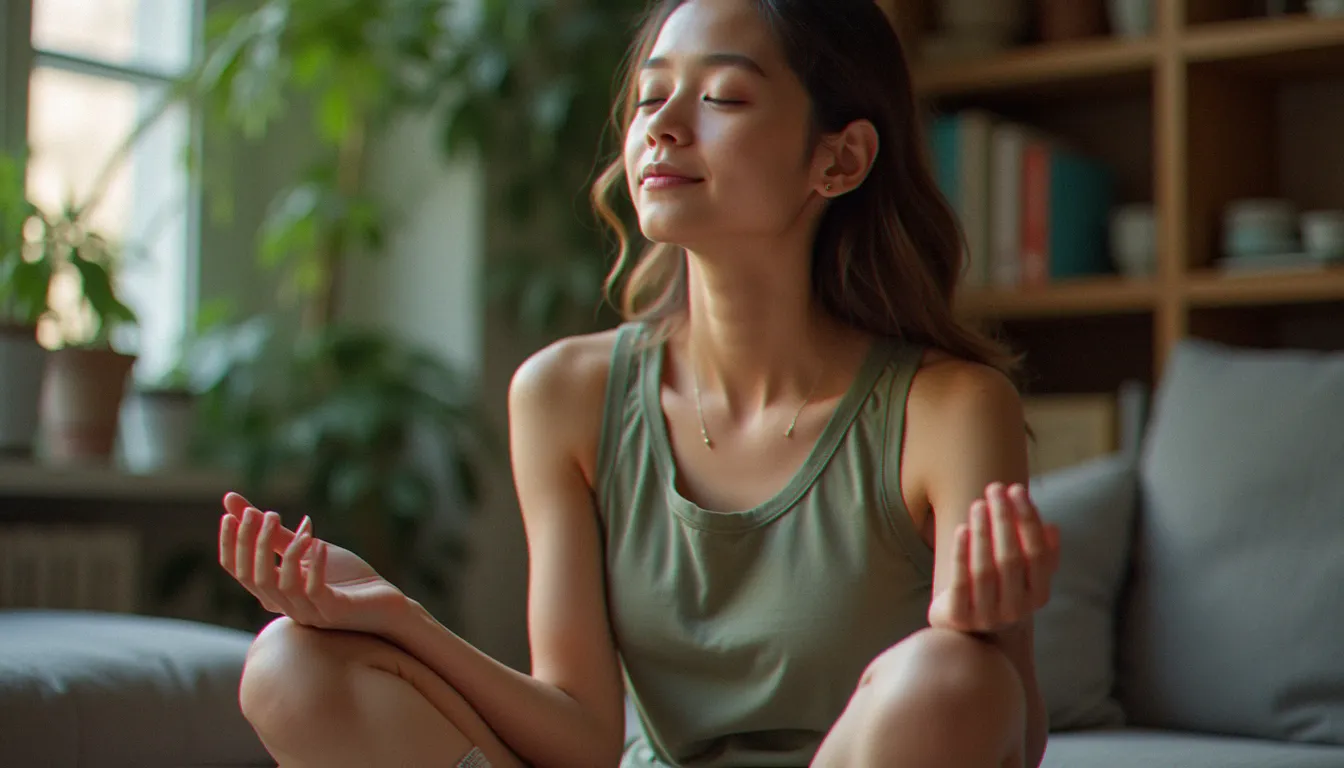 Gros plan sur les mains et le visage apaisé d'une femme en position de yoga assise, évoquant la régulation du système nerveux par le yoga